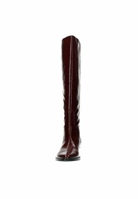 Knee-high, burgundy patent leather boot with a pointed toe and shiny finish. Features a smooth texture and minimal stitching detail.