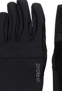 Čierne textilné rukavice s logom "protest", štrukturálnymi gripovacími bodmi na prstoch a dlani, navrhnuté na chladné počasie alebo vonkajšie aktivity.