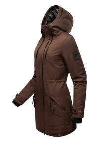 Brown insulated parka with a hood, featuring black accents, zipper pockets, and a patch on the sleeve. Smooth outer texture.