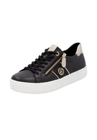 Baskets en cuir noir avec semelle en caoutchouc blanc, présentant un détail de fermeture éclair dorée, des lacets noirs et un accent en suède beige au niveau du talon.
