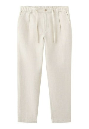 Beige Freizeithose mit elastischem Bund, Knopf, Kordelzug, zwei Seitentaschen und zulaufenden Beinen.