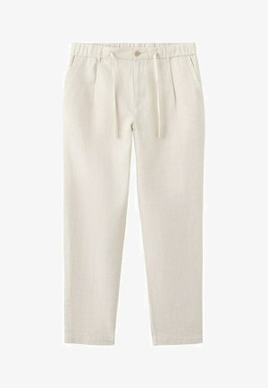 Beige Freizeithose mit elastischem Bund, Knopf, Kordelzug, zwei Seitentaschen und zulaufenden Beinen.