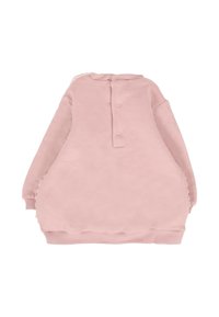 Sweatshirt rose clair à manches longues, col rond et fermeture à boutons au dos. Présente des poignets côtelés et un détail de ruching sur les côtés. Texture douce.