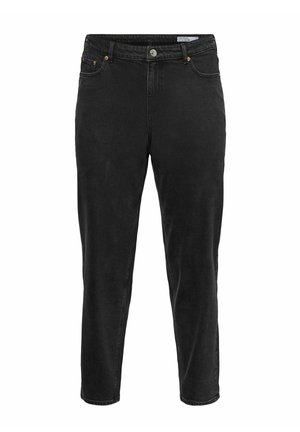 Blugi negri, croială dreaptă, cu nasture în față, închidere cu fermoar, cinci buzunare și detalii cu nituri de cupru.