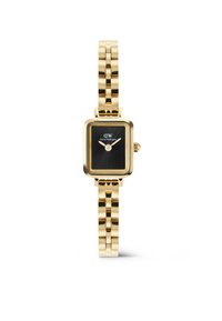 Gold rectangular watch with a black dial, gold hour and minute hands, and a polished gold link bracelet. Features a crown on the side.