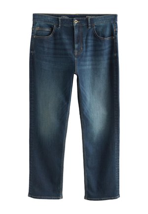 Donkerblauwe jeans met rechte pijpen, vooraan knoop en rits, vijf zakken en vervaagde details op dijen en knieën.