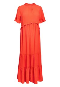 Robe maxi en orange vif, faite d'un tissu doux. Présente un col froncé et des accents volants à la taille et aux manches. Volants évasés au bas.