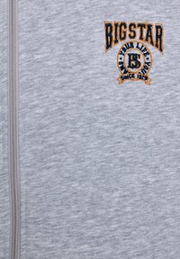 Harmaa vetoketjullinen huppari, joka on valmistettu pehmeästä materiaalista. Sisältää mustaan ja oranssiin kirjailun "BIGSTAR"-logosta, ympyrämuotoisen suunnittelun ja tekstiyksityiskohdat.