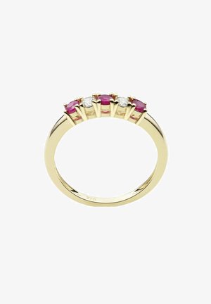 Zelta gredzens ar četriem ovāliem rubīniem un diviem apaļiem dimantiem, iestatītiem uz naglu iestatījuma. Gluda josla ar spīdīgu apdari.