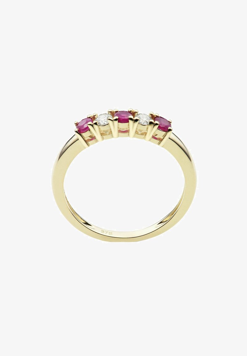 Guldring med fire ovale rubiner og to runde diamanter, sat i en klørindstilling. Glat ring med en blank finish.