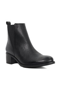 Black leather ankle boot with textured upper, elastic side panels, low block heel, and rounded toe. Features a pull tab for easy wear.