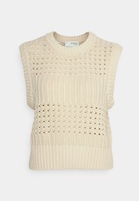 Hloupý svetr bez rukávů v krémové barvě, se strukturovanými vzory a žebrovaným lemem. Má kulatý výstřih a otevřenou tkaninu podél látky.