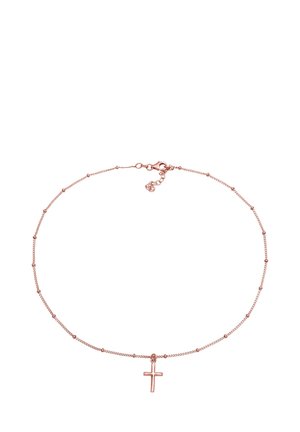 Collier délicat en chaîne en or rose avec des perles espacées régulièrement et un petit pendentif croix lisse au centre, avec une fermeture à mousqueton.
