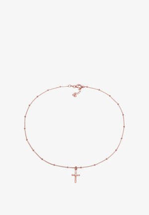 Collier délicat en chaîne en or rose avec des perles espacées régulièrement et un petit pendentif croix lisse au centre, avec une fermeture à mousqueton.