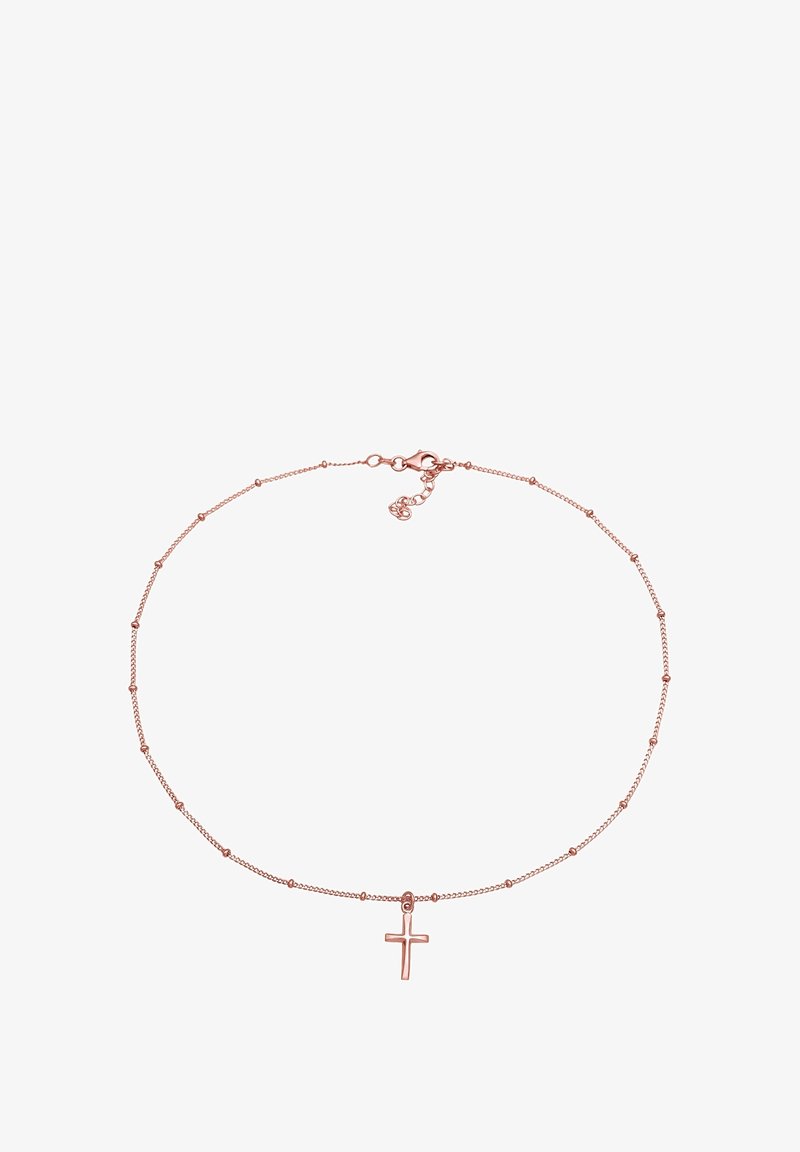 Collier délicat en chaîne en or rose avec des perles espacées régulièrement et un petit pendentif croix lisse au centre, avec une fermeture à mousqueton.