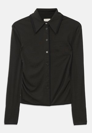 Black long-sleeve shirt with a button-down front, large collar, and ruched texture on the sides, made from soft fabric.