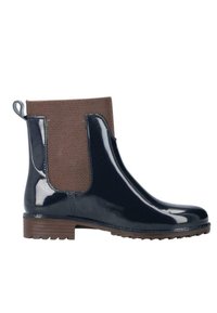 Granatowy błyszczący botek za kostkę z brązową siateczkową elastyczną boczną wstawką i teksturowaną brązową gumową podeszwą. Wyposażony w pętlę do ściągania z tyłu.