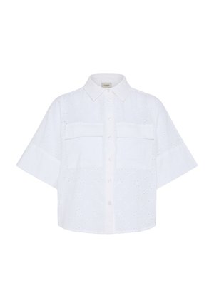 Valkoinen, lyhythihainen napillinen paita, jossa on kaulus, kaksi rintataskua ja hentoa kirjailtua kukkakuviota kauttaaltaan.