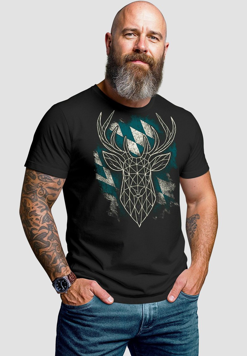 Black short-sleeve T-shirt featuring a geometric deer head design in white, set against a teal and distressed background. Casual fit.