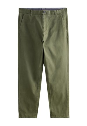Olívovo zelené rovné nohavice s prednými vreckami, pútkami na opasok, zapínaním na gombík a zipsom, zobrazené na bielom pozadí.