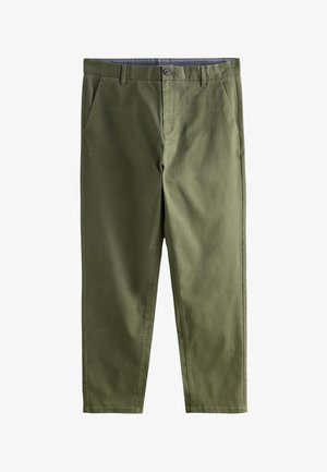 Olívovo zelené rovné nohavice s prednými vreckami, pútkami na opasok, zapínaním na gombík a zipsom, zobrazené na bielom pozadí.