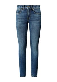 Tumedas sinised skinny teksad, millel klassikaline viiepunktiline disain ja metallkinnitusega lukk. Veidi pleekinud tekstuur.