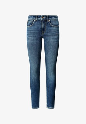 Eng geschnittene Jeans aus dunkelblauem Denim mit klassischem Fünf-Taschen-Design und Reißverschluss mit Metallknopf. Leicht ausgewaschene Optik.