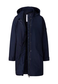 Marineblauwe lange parka met capuchon, voorzien van een ritssluiting aan de voorkant en drukknopen, twee zijzakken, manchetten met riempjes en een ritssluiting zak op de mouw.