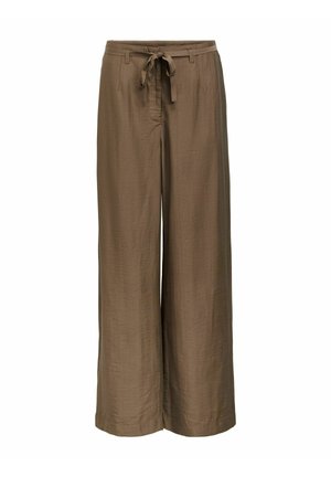 Pantalon marron à jambes larges en tissu texturé, avec passants pour ceinture et lien en tissu à la taille, présenté sur un fond blanc.