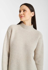 Beige geribbeld sweater met een hoge hals. Kenmerken zijn de zachte, gestructureerde stof en de relaxed fit. Lange mouwen reiken tot de pols.