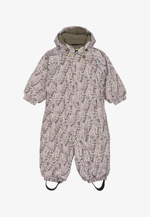 Pink floral insulated snowsuit with elastic cuffs, a hood, and attached foot straps; features a soft lining and subtle textured pattern.