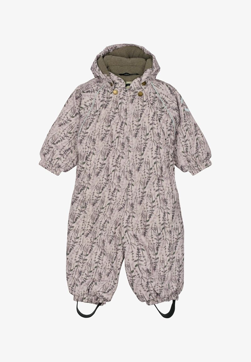 Roza cvetlični topli kombinezon s elastikami na rokavih, kapuco in pritrjenimi trakovi za noge; ima mehak podloženi notranji material in subtilen teksturiran vzorec.