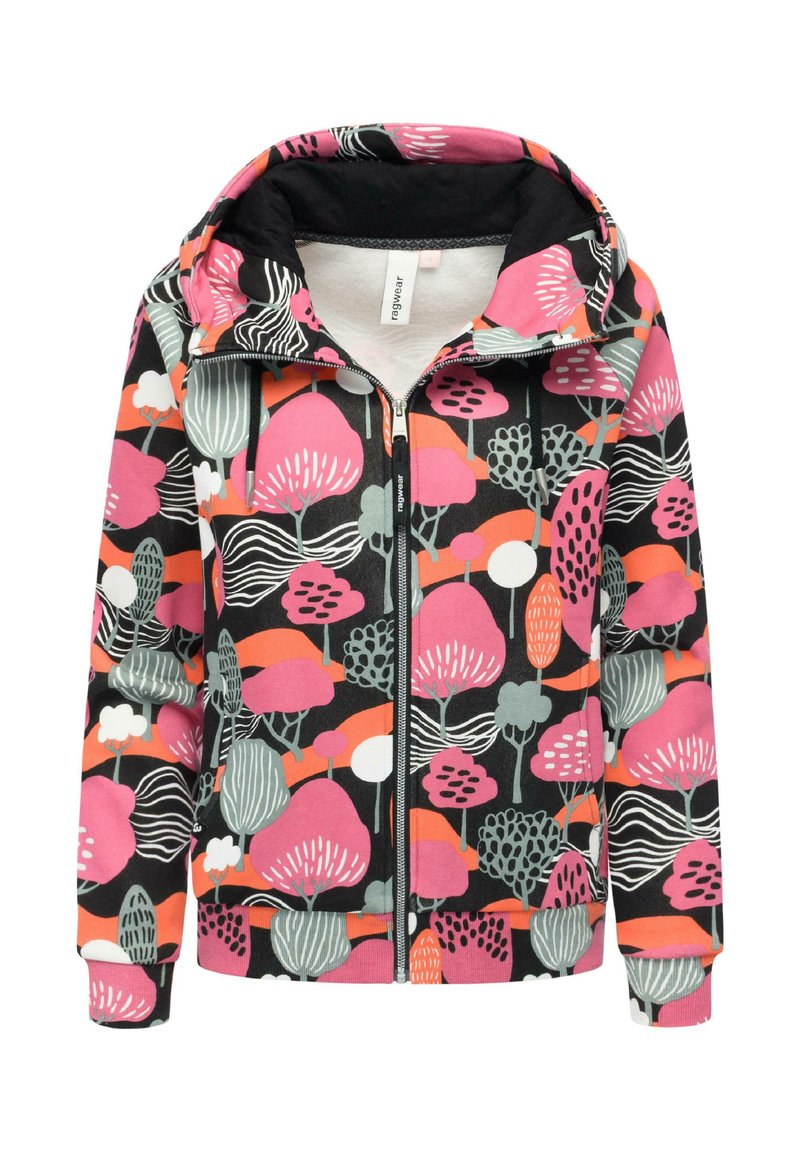 Felpa con zip di base nera, caratterizzata da un motivo floreale astratto e colorato in rosa, verde e arancione. Include un cappuccio e polsini a costine.