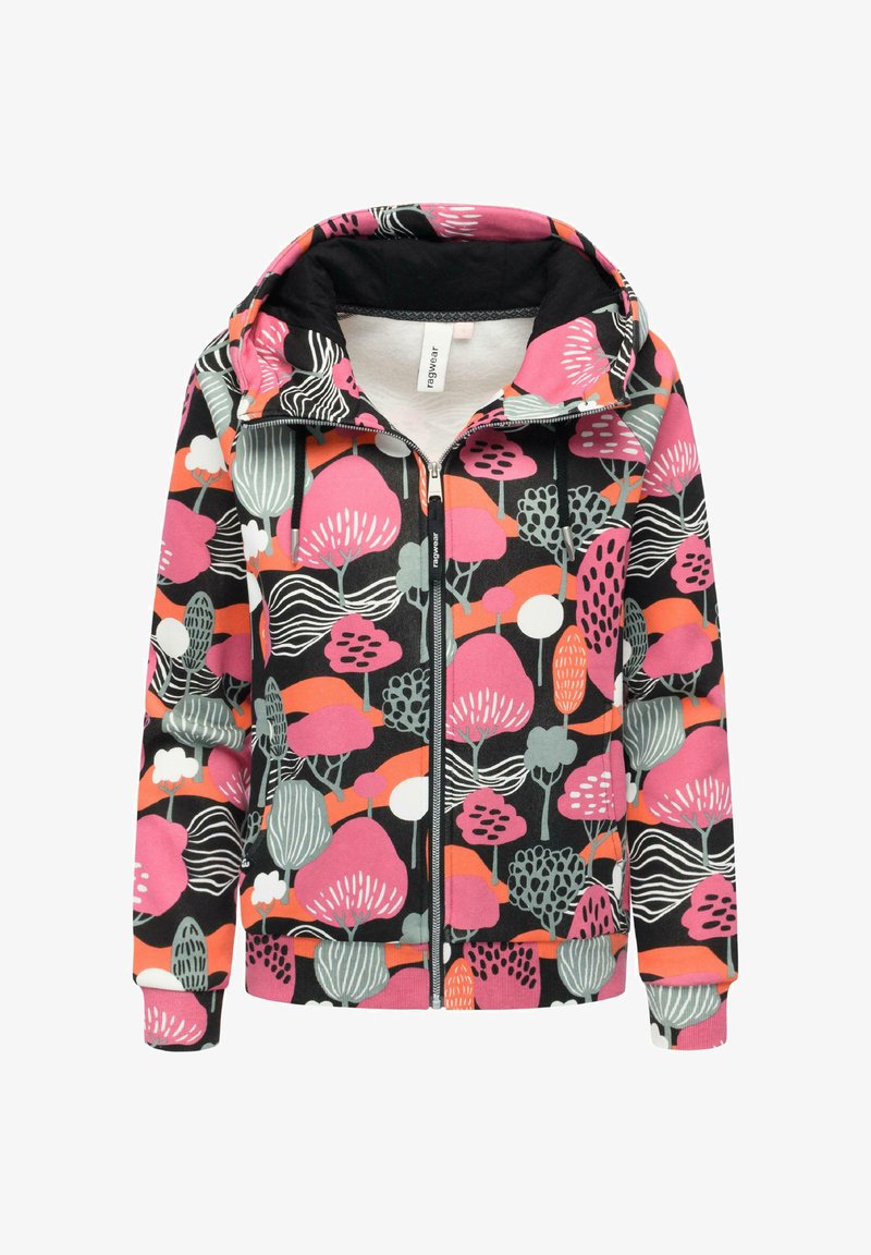 Felpa con zip di base nera, caratterizzata da un motivo floreale astratto e colorato in rosa, verde e arancione. Include un cappuccio e polsini a costine.