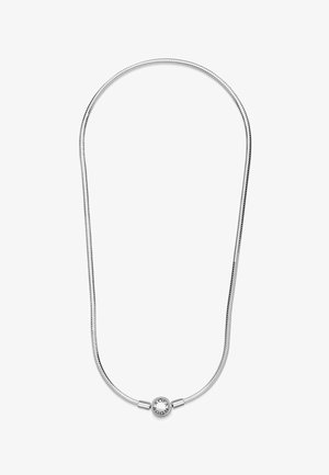 Silver snake chain necklace featuring a smooth round clasp with engraved text, designed for charm attachments.