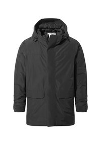 Dark gray, hooded jacket made of waterproof material. Features a full front zipper, two front pockets, and adjustable cuffs.