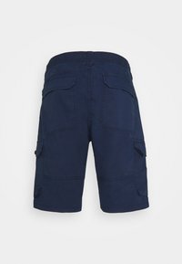 Pantaloni cargo blu navy realizzati in cotone misto, dotati di una cintura elastica, due tasche laterali e due tasche posteriori, con dettagli cuciti.