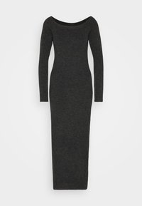 Langärmliges Kleid aus dunkelgrauem Strick, mit schulterfreier Ausschnittform und figurbetontem Schnitt, der bis zu den Knöcheln reicht.