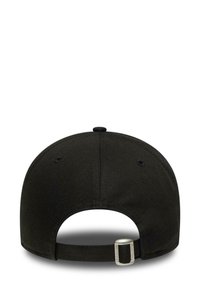 Black adjustable baseball cap with a smooth fabric texture, curved brim, and a metallic clasp at the back for size adjustment.