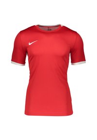 Rotes Nike T-Shirt mit kurzen Ärmeln und Rundhalsausschnitt, weißen Akzenten an den Ärmeln, aus glattem Stoff gefertigt, mit kleinem Logo auf der Brust.
