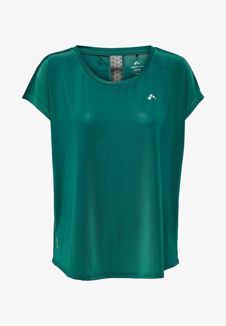 Zelený sportovní top s krátkými rukávy vyrobený z hladkého, lehkého materiálu. Má kulatý výstřih a malou logo na přední straně.