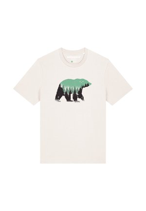Crème kleurige katoenen T-shirt met een beren silhouet gevuld met groene bomen en zwarte bosdetails. Korte mouwen, ronde halsontwerp.