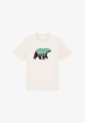 Crème kleurige katoenen T-shirt met een beren silhouet gevuld met groene bomen en zwarte bosdetails. Korte mouwen, ronde halsontwerp.