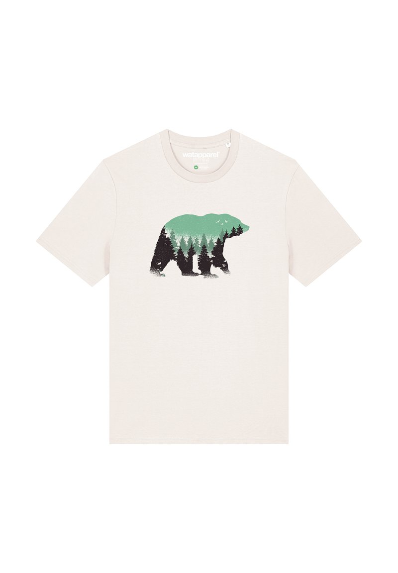 T-shirt en coton crème présentant une silhouette d'ours remplie d'arbres verts et de détails de forêt noirs. Manches courtes, col rond.
