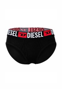 Zwarte katoenen slipjes met een brede elastische tailleband met het Diesel-logo in wit en rood. Gladde textuur, regular fit, eenvoudig ontwerp.