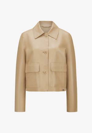 Beige leather cropped jacket with a classic collar, two front pockets, and button closure. Smooth texture and minimalist design.
