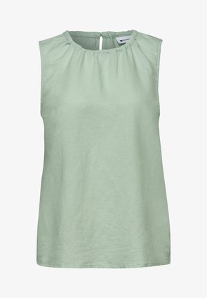 Blusa sin mangas de lino verde claro con escote redondo fruncido y cierre de botones en la espalda.