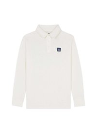 Cămașă polo cu mânecă lungă, de culoare crem, realizată din bumbac texturat, cu o deschidere cu nasturi și o mică etichetă cu logo de culoare bleumarin pe partea stângă a pieptului.