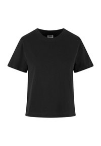 Zwarte katoenen t-shirt met korte mouwen, een ronde hals en een losse pasvorm. Gladde textuur zonder zichtbare patronen of versieringen.