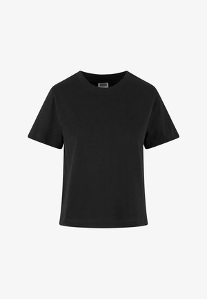 Czarny bawełniany t-shirt z krótkimi rękawami, okrągłym dekoltem i luźnym krojem. Gładka tekstura, bez widocznych wzorów czy ozdób.